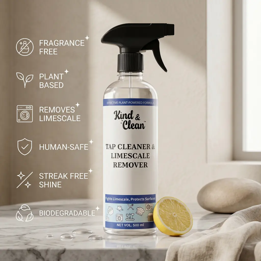 Firefly_Gemini Flash_- Premium eco-friendly product advertisement for a “Kind & Clean – Tap Cleaner & Lime 789560.webp